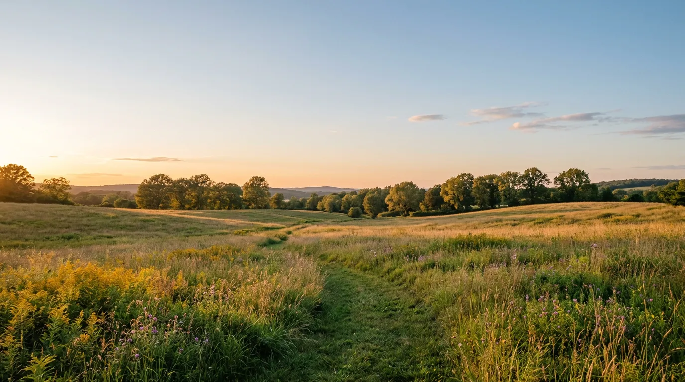 Serene natural landscape with gentle light, open fields or forest with clear sky, suggesting freedom and peace, soft golden hour lighting, minimalist composition