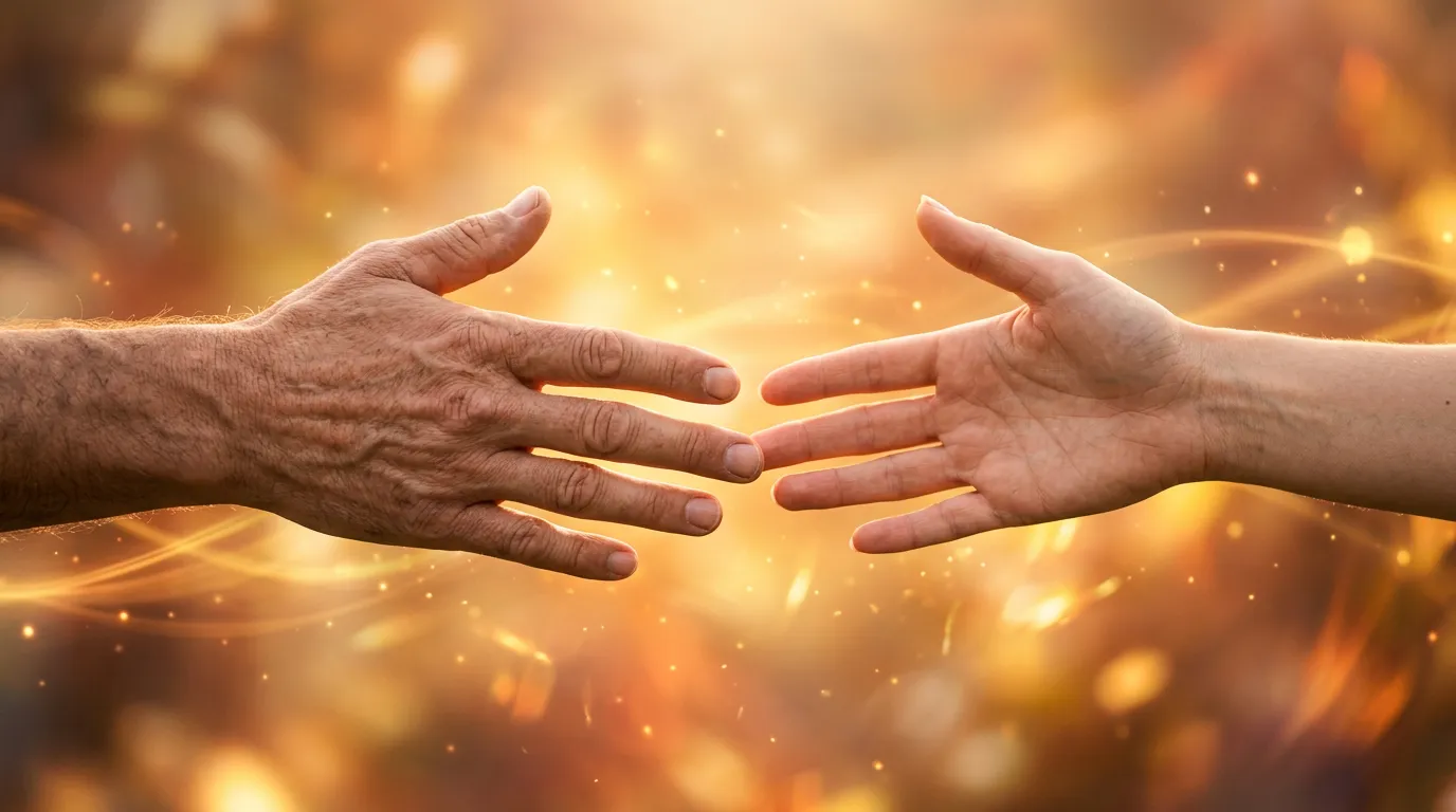 Two open hands reaching toward each other across a warm glowing space, symbolizing connection and communication