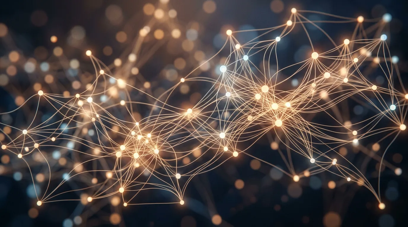 Abstract visualization of interconnected nodes or pathways with soft light, representing trust and multiple authentic connections
