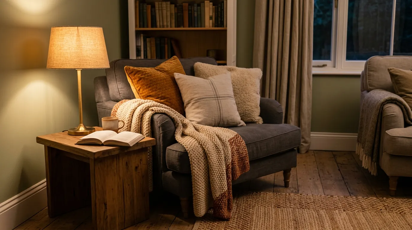 Soft warm lighting on an intimate, safe interior space with comfortable textures like pillows or blankets, conveying trust and vulnerability