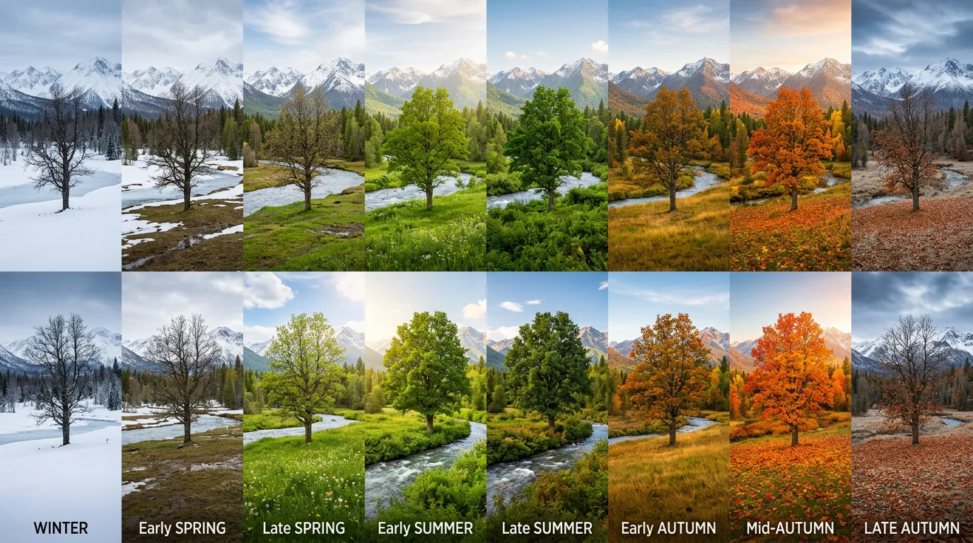 Time-lapse visual of seasons changing or growth progression, soft transitions showing transformation and renewal