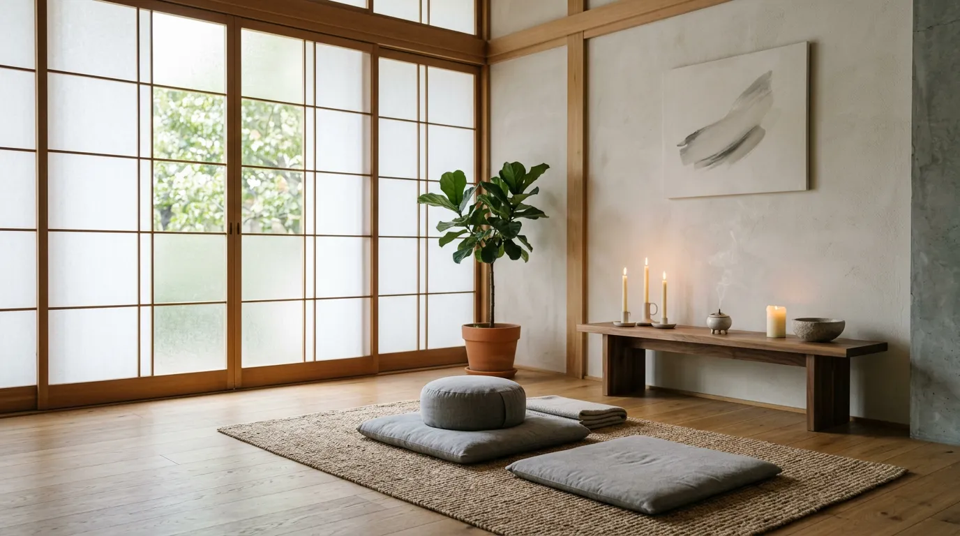 Peaceful meditation space with soft natural light, candles, and minimalist elements suggesting calm and introspection